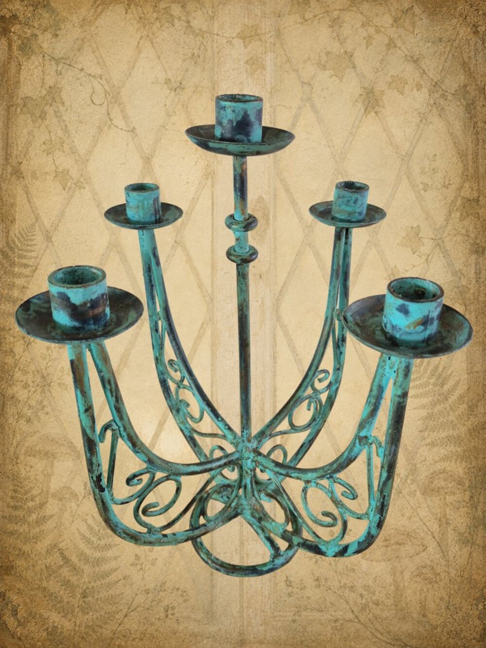 Gather Rings 🍄🧚♂️ Vintage Verdigris Wrought Iron 5-Arm Candelabra Chandelier